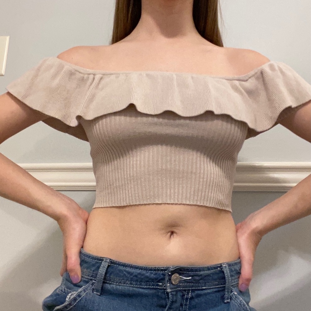 Cropped off the shoulder beige/caramel top
